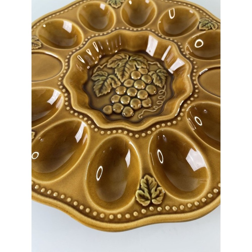 Brown Ceramic Egg Plate, Grape Leaf Center Tableware, Serving-ware, 9.5” - Picture 2 of 11